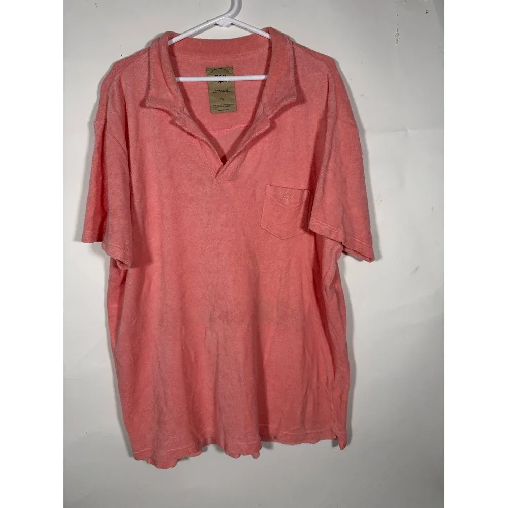 OAS Mens Terry Cloth Polo Shirt XL Coral Pink Short Sleeve Beach Swim Top